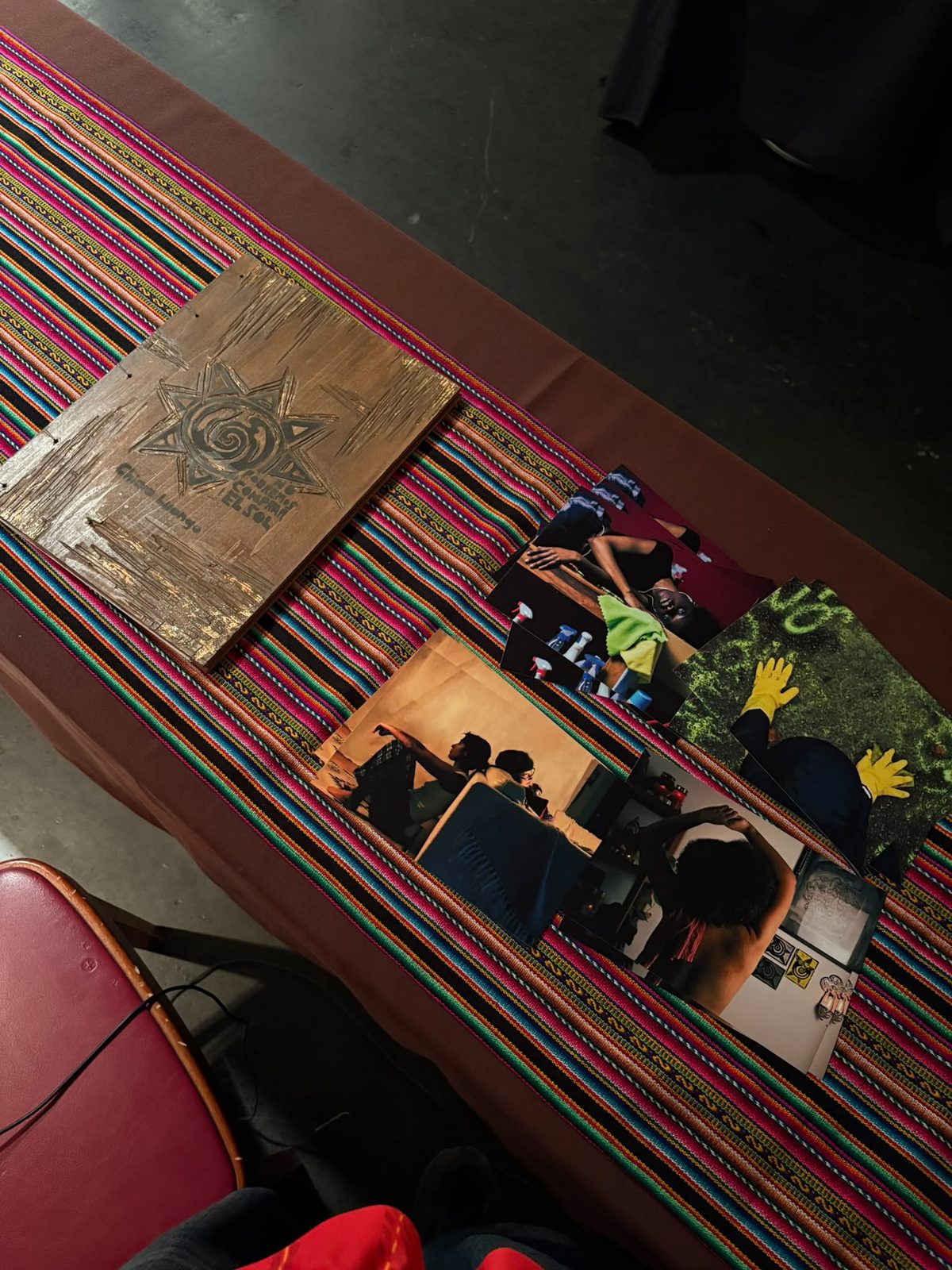 Film stills on a woven table runner