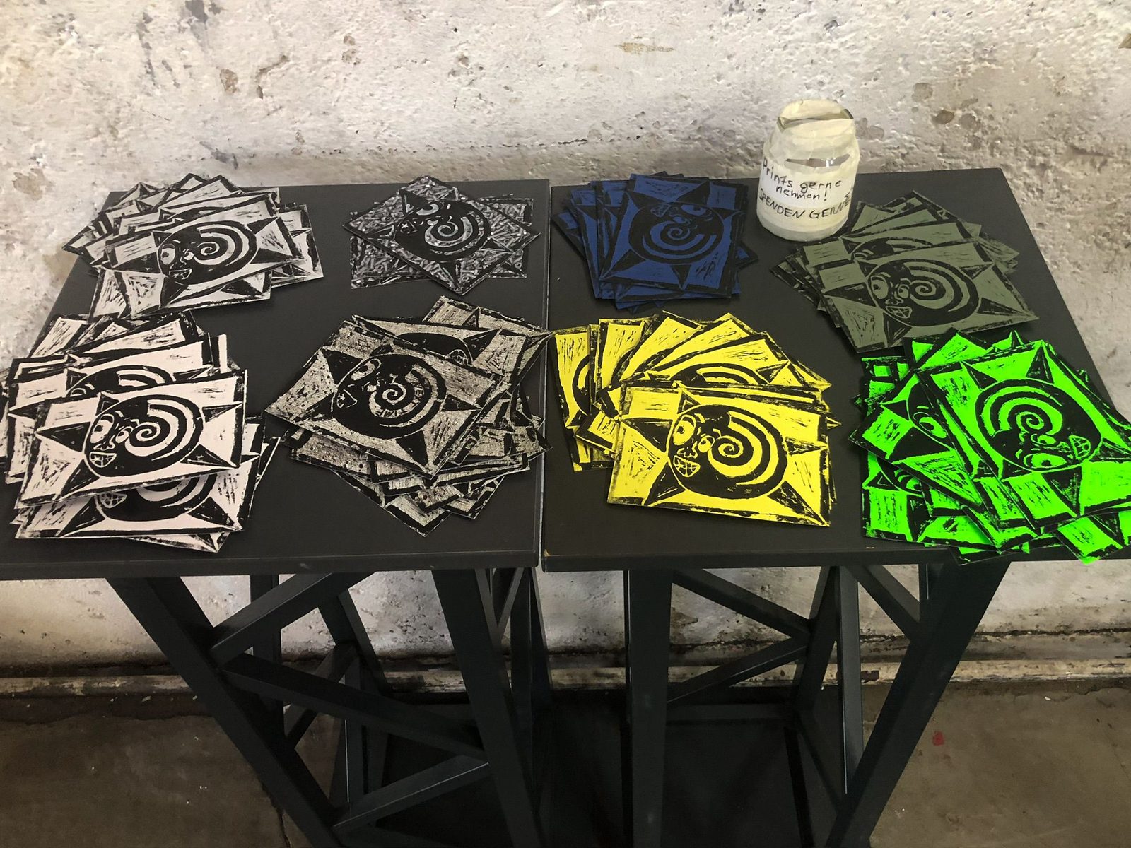 Linocut prints on a table