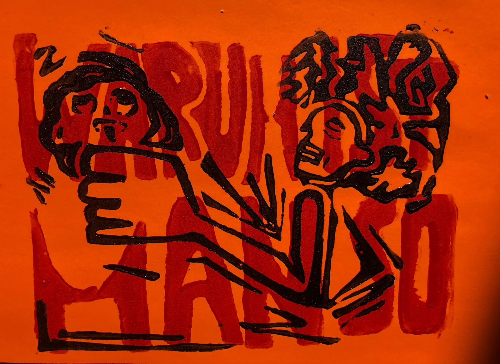 Orange linocut print