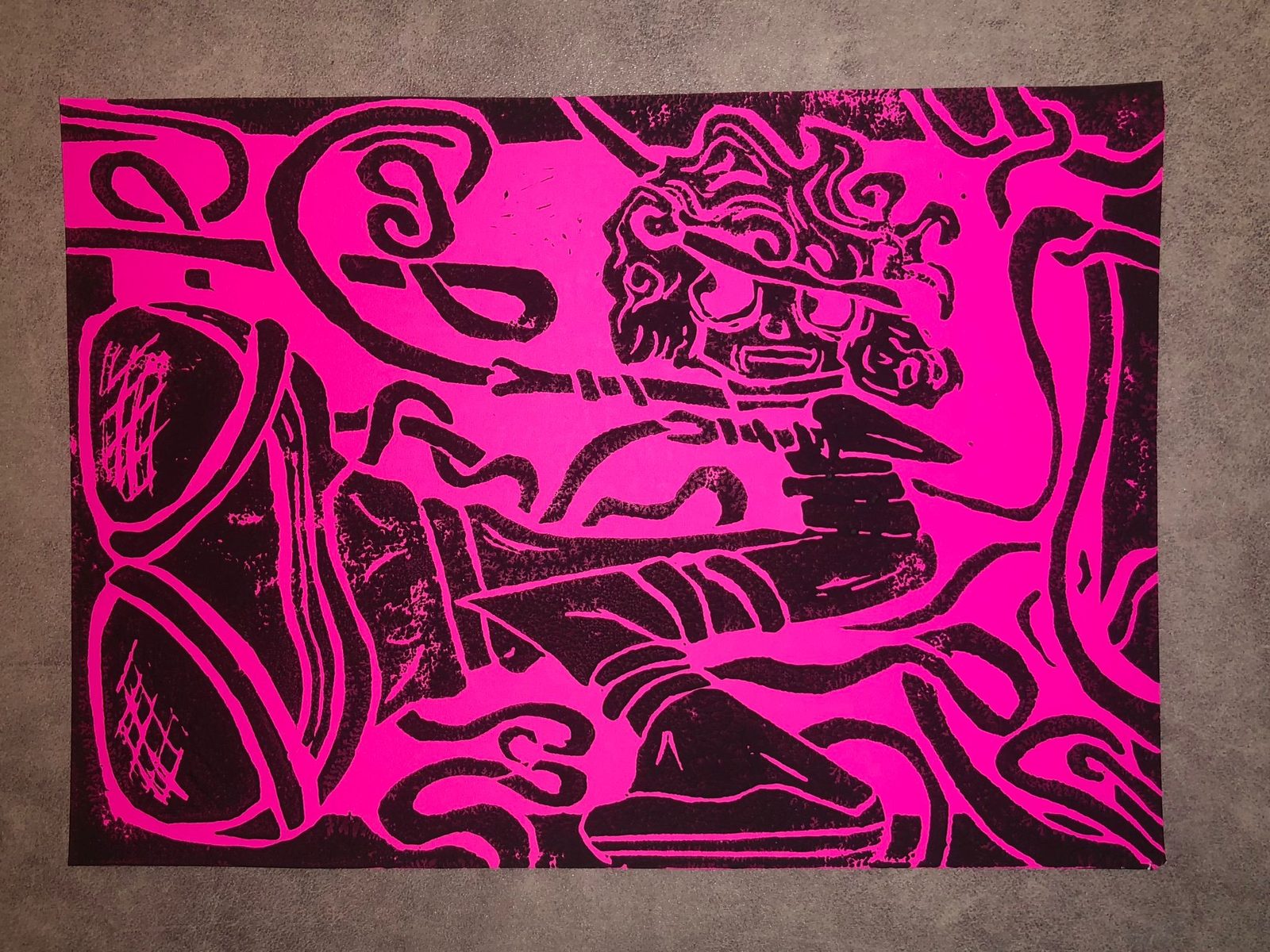 Pink linocut print