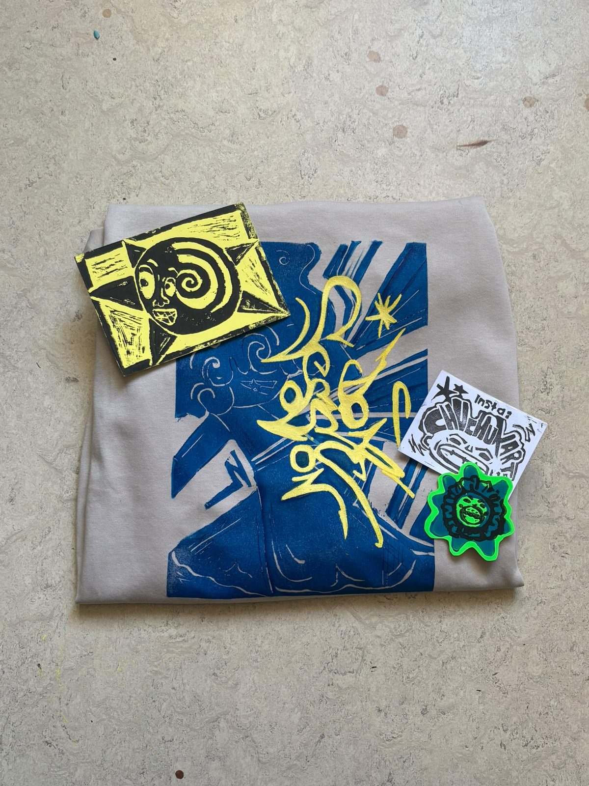 Dome Session merch with linocut prints